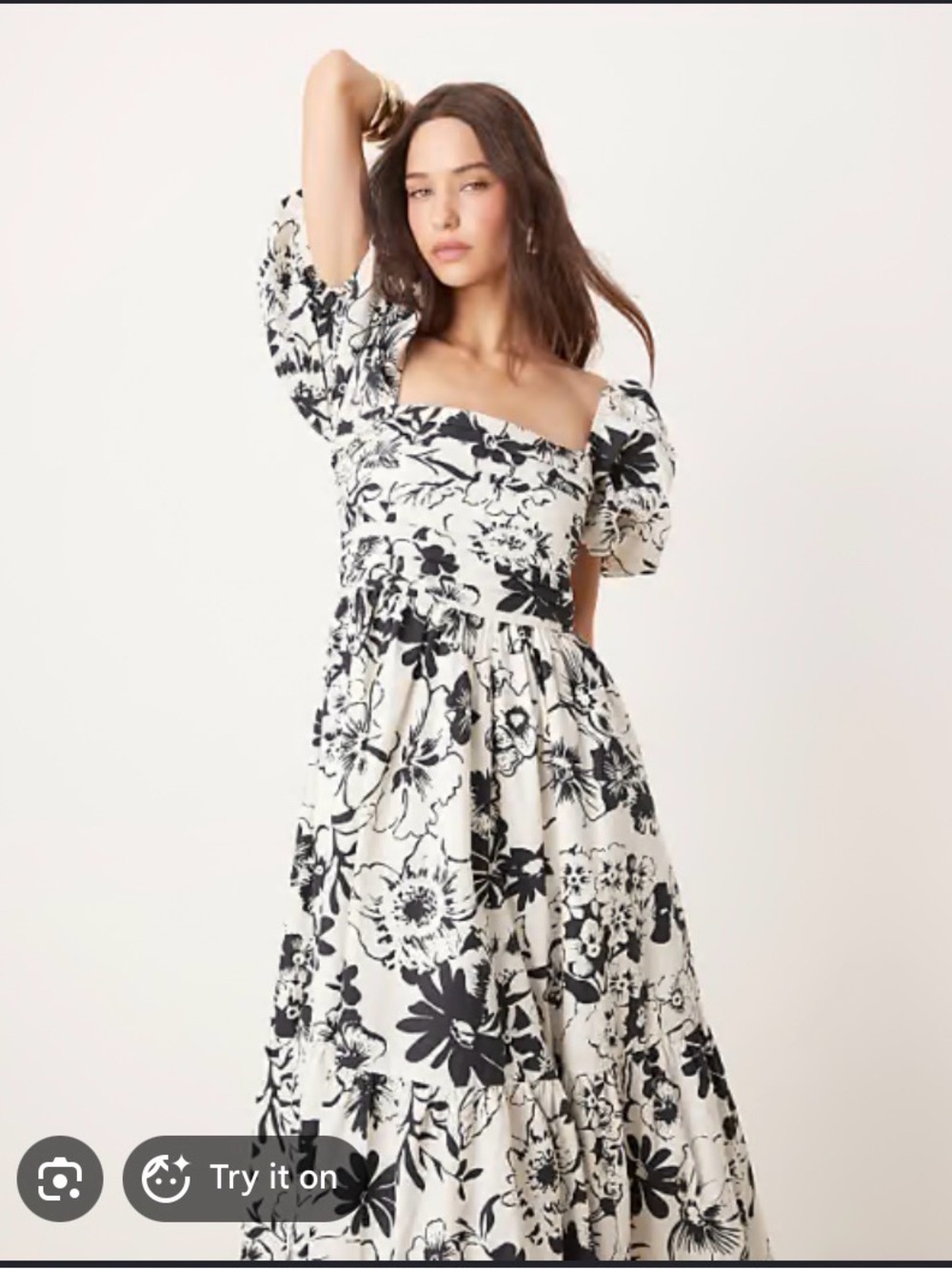 Abercrombie & Fitch Emerson floral midi dress with puff sleeves in black/white